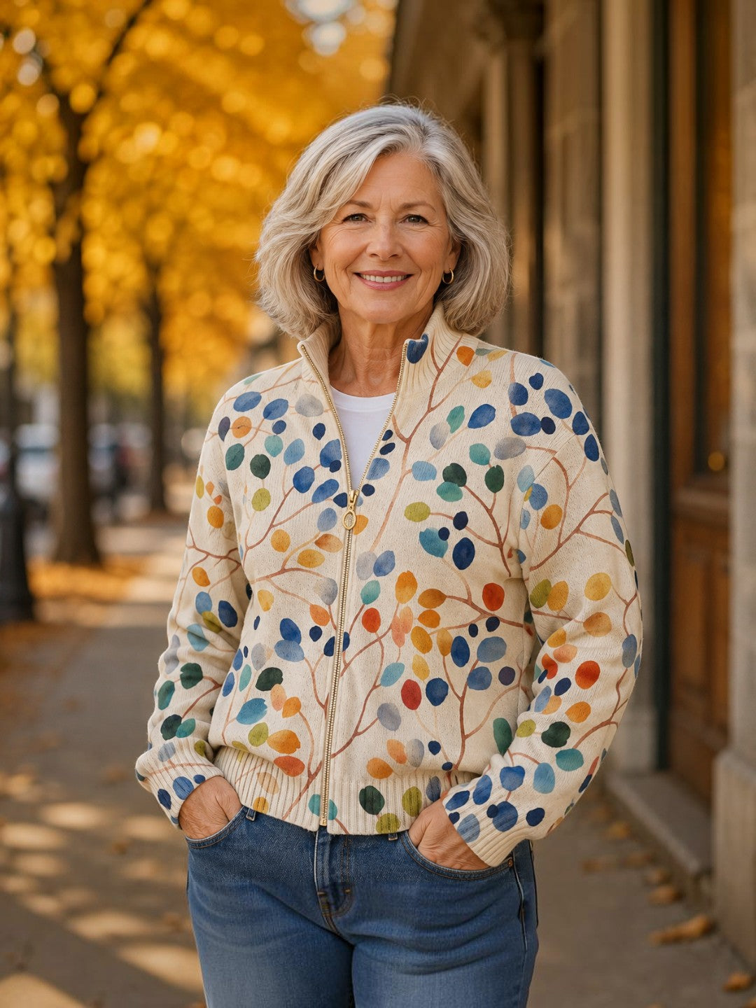 Anja | Cardigan with Multicoloured Leaf Design