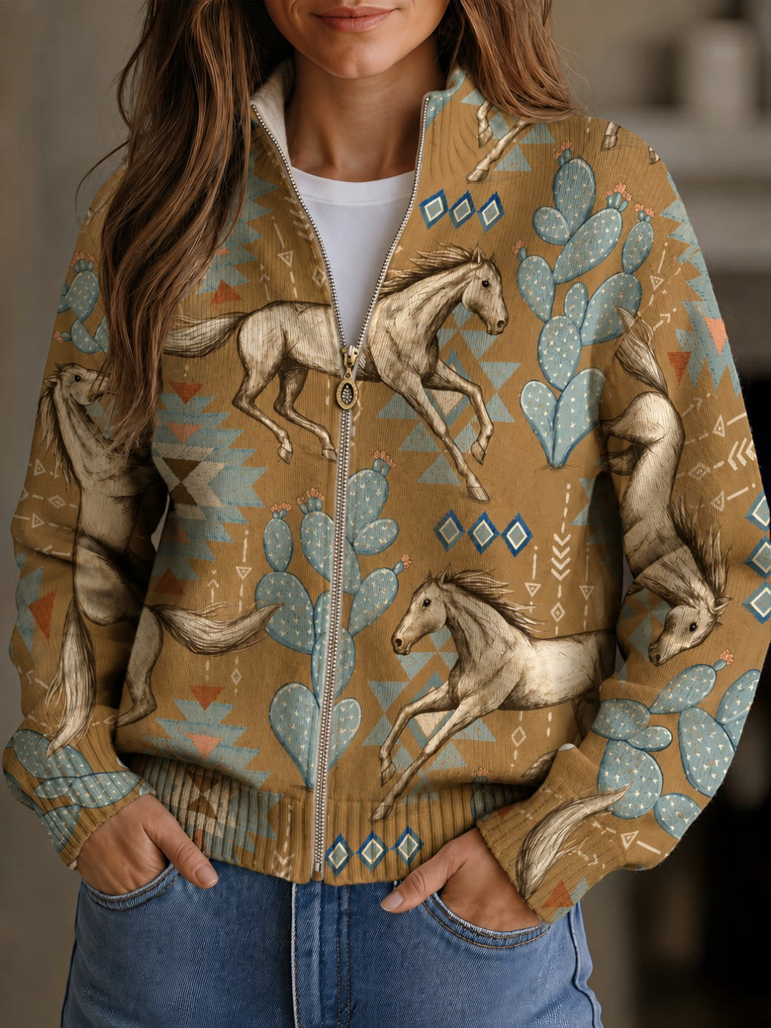 Brigitte | Cardigan with Horse and Cactus Design