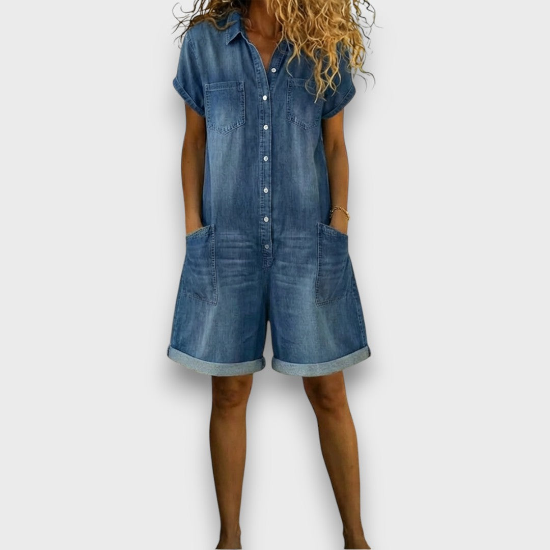 Cátia - Vintage-Inspired Cotton Short Jumpsuit with Denim Finish
