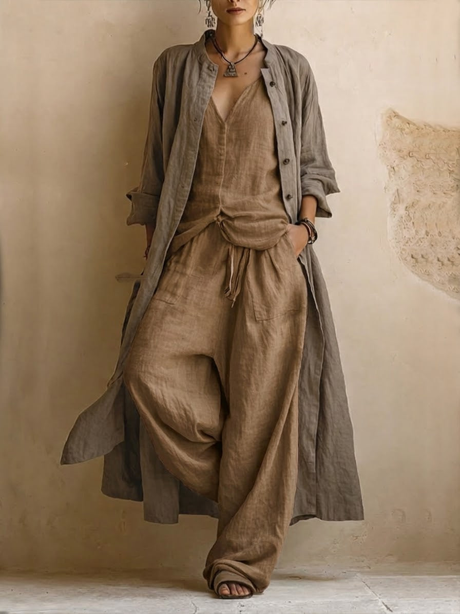 Three-Piece Ensemble Featuring a Flowing Cover-Up and Wide-Leg Trousers