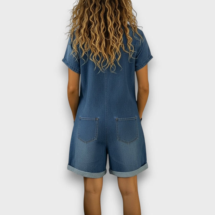 Cátia - Vintage-Inspired Cotton Short Jumpsuit with Denim Finish