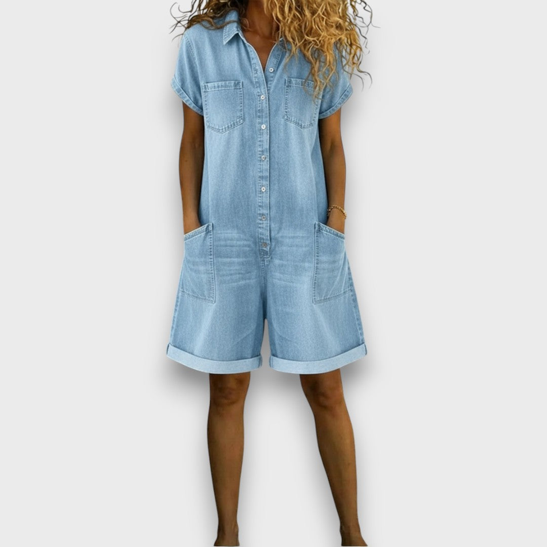 Cátia - Vintage-Inspired Cotton Short Jumpsuit with Denim Finish
