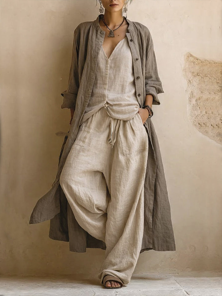 Three-Piece Ensemble Featuring a Flowing Cover-Up and Wide-Leg Trousers