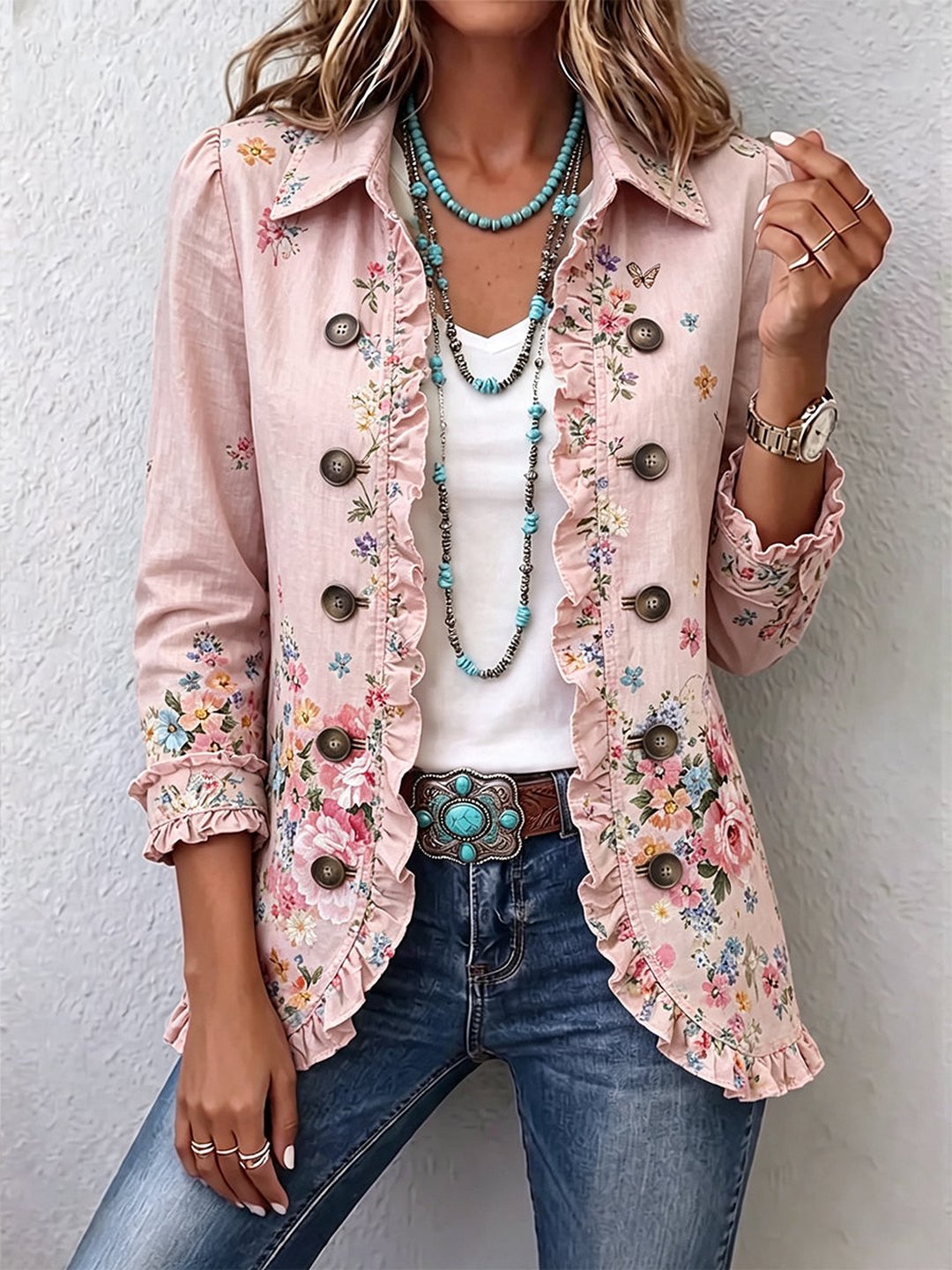 Faithe | Floral Ruffle Button-Front Jacket