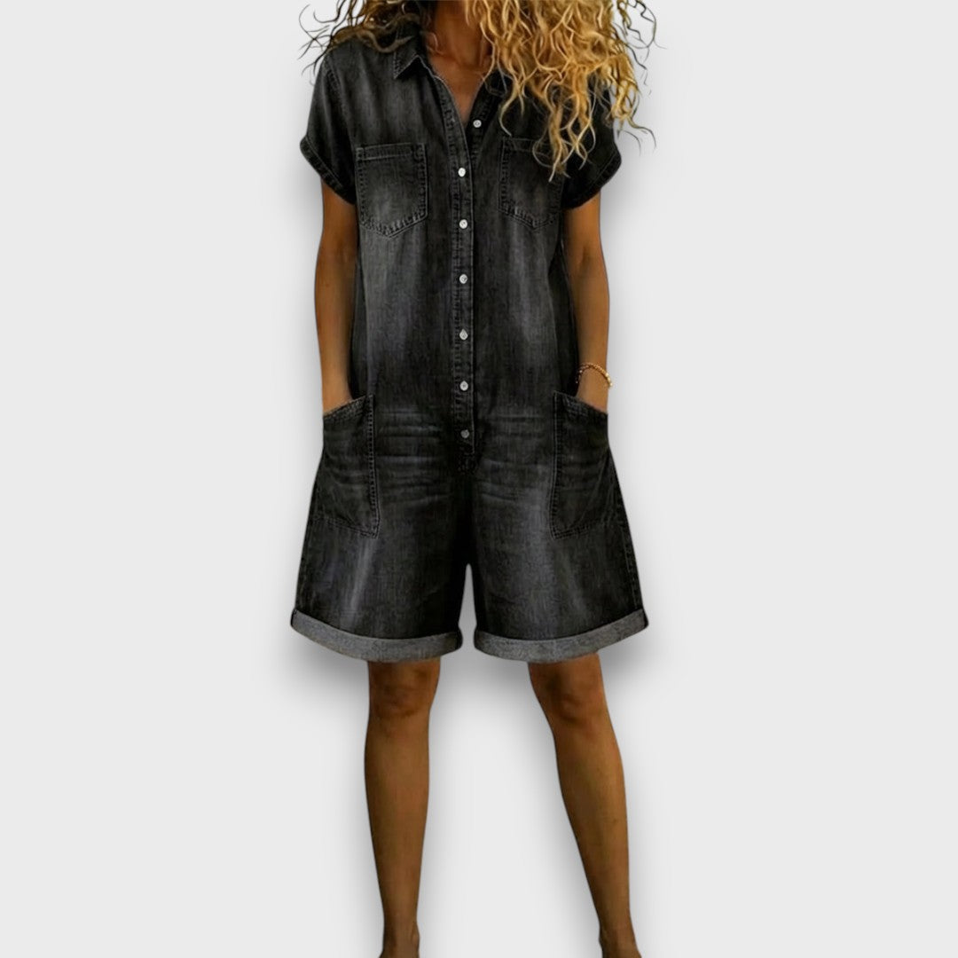 Cátia - Vintage-Inspired Cotton Short Jumpsuit with Denim Finish