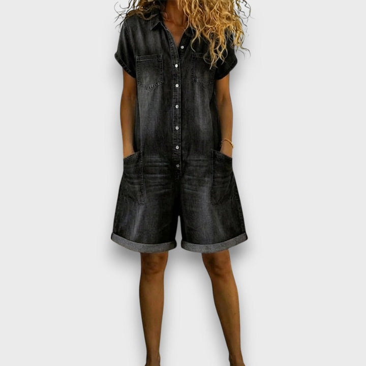 Cátia - Vintage-Inspired Cotton Short Jumpsuit with Denim Finish