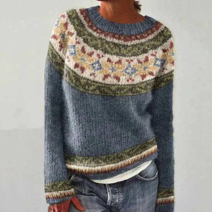 Retro-Patterned Neckline Knitted Sweater
