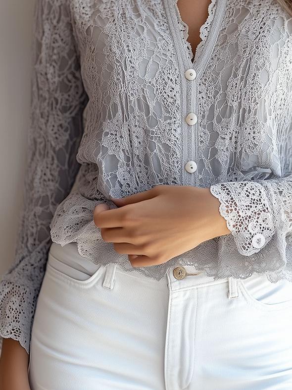 Contemporary V-Neck Shirt with Button Details and Long Lace Sleeves
