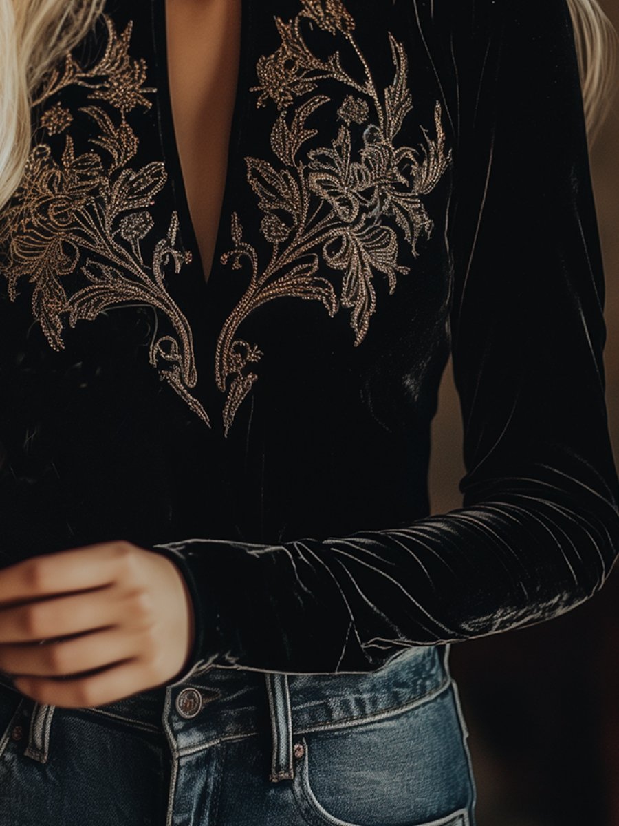 Chic V-Neck Velour Top with Embroidered Accents