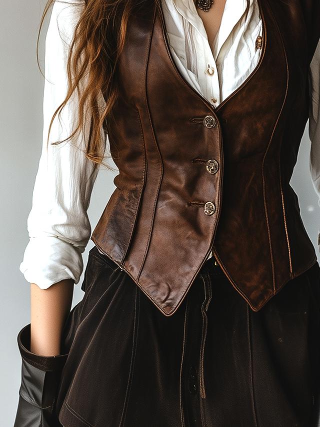 Vintage-Inspired Slim Fit Leather Gilet with Button Details
