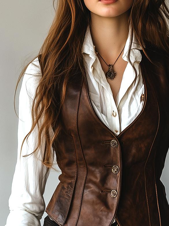 Vintage-Inspired Slim Fit Leather Gilet with Button Details