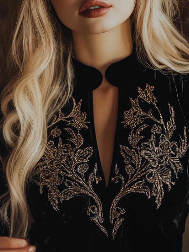 Chic V-Neck Velour Top with Embroidered Accents