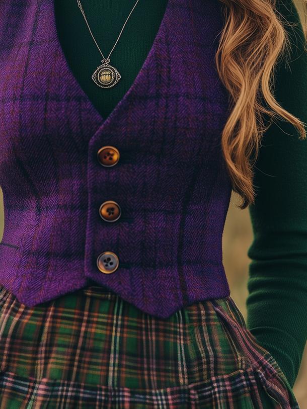 Retro Button-Up Gilet with Checkered Design - Clearance Sale on Vintage Stock