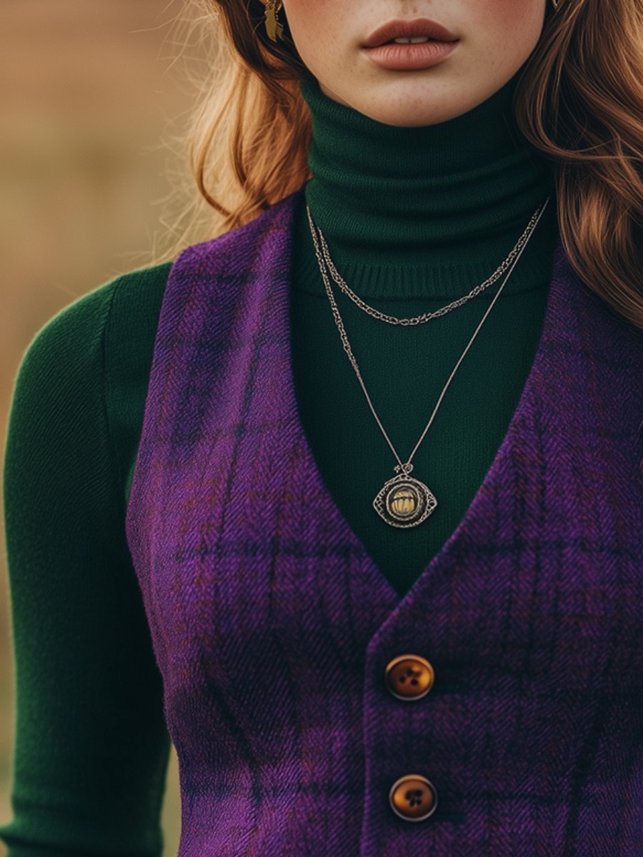Retro Button-Up Gilet with Checkered Design - Clearance Sale on Vintage Stock