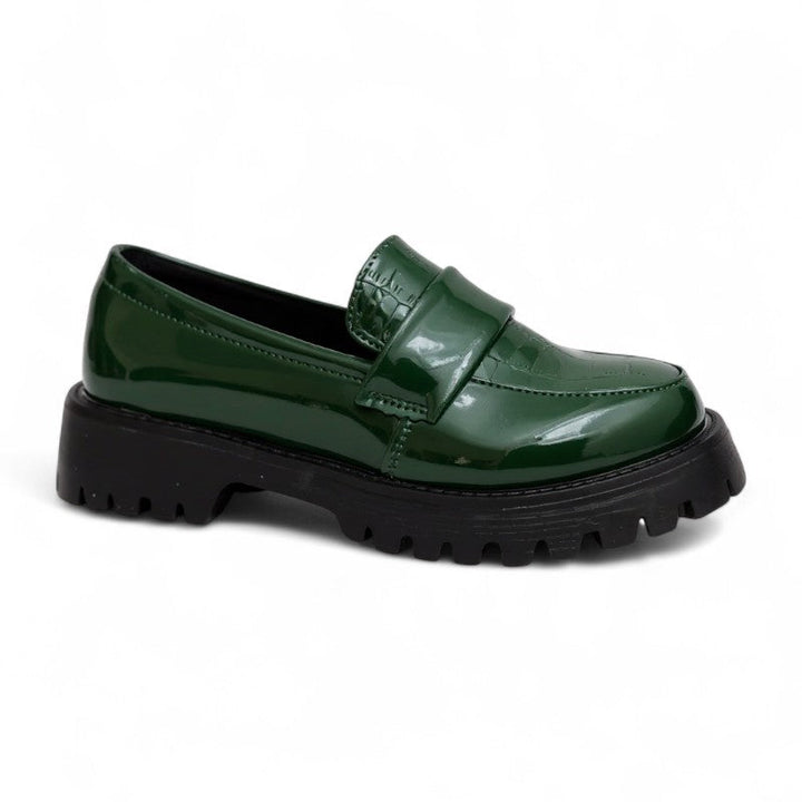 Crocodile-Effect Lacquered Loafers Available in Three Colors