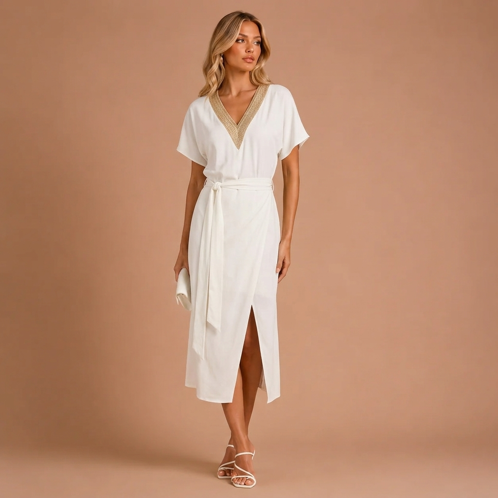 Summer Midi Dress with V Neckline to Highlight Silhouette