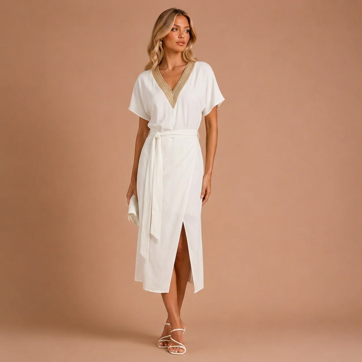 Summer Midi Dress with V Neckline to Highlight Silhouette