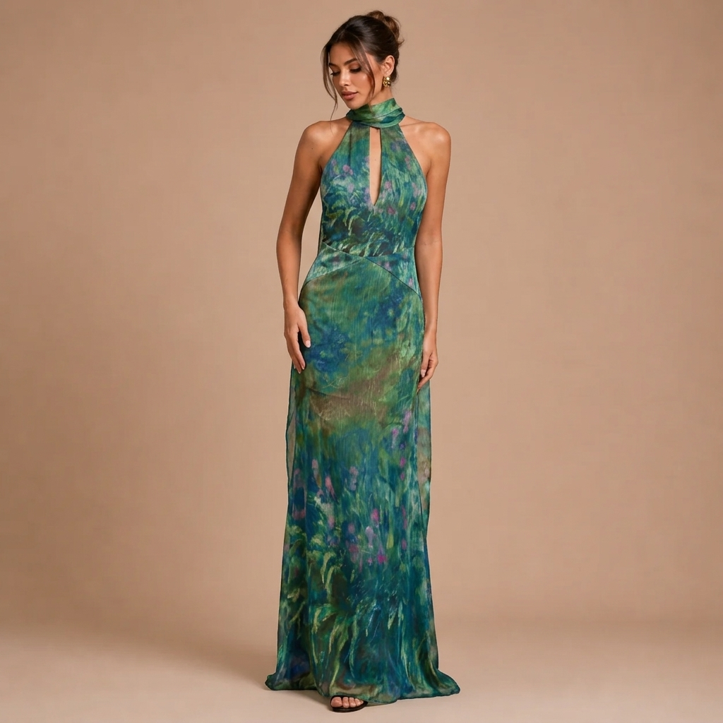 Maxi Celebration Dress with Artistic Floral Design