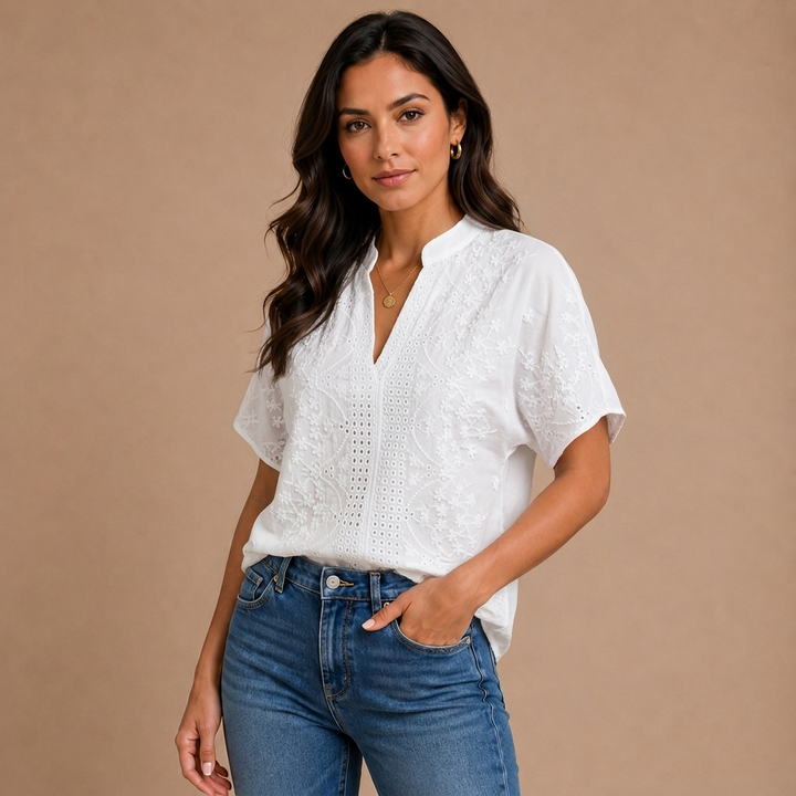 Cambria – Women's Blouse with Cut-Out Neckline and Embroidery