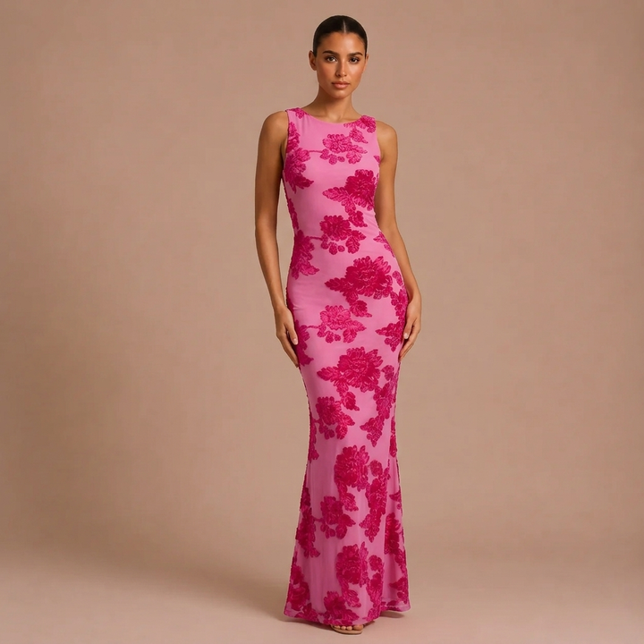Floral Maxi Dress Without Sleeves with Embroidered Designs
