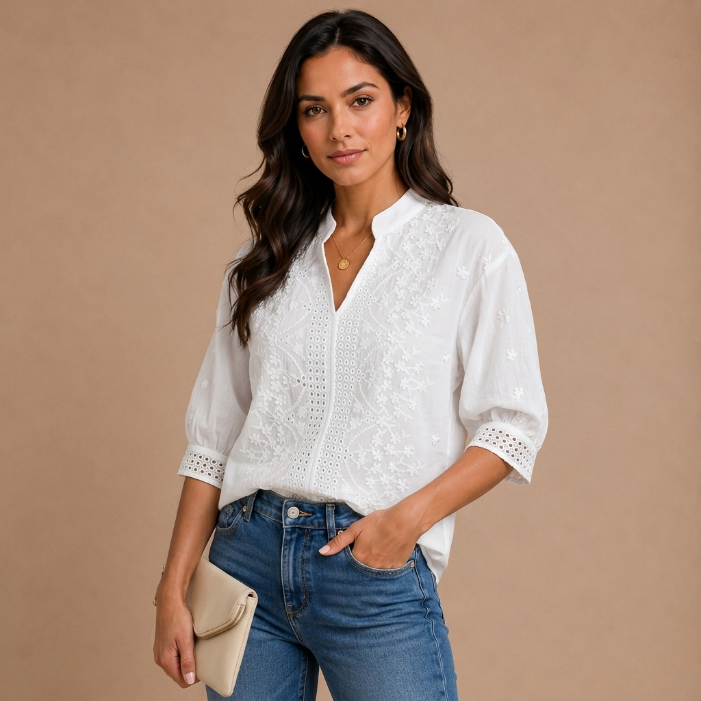 Blouse with Lace Details and Puff Sleeves