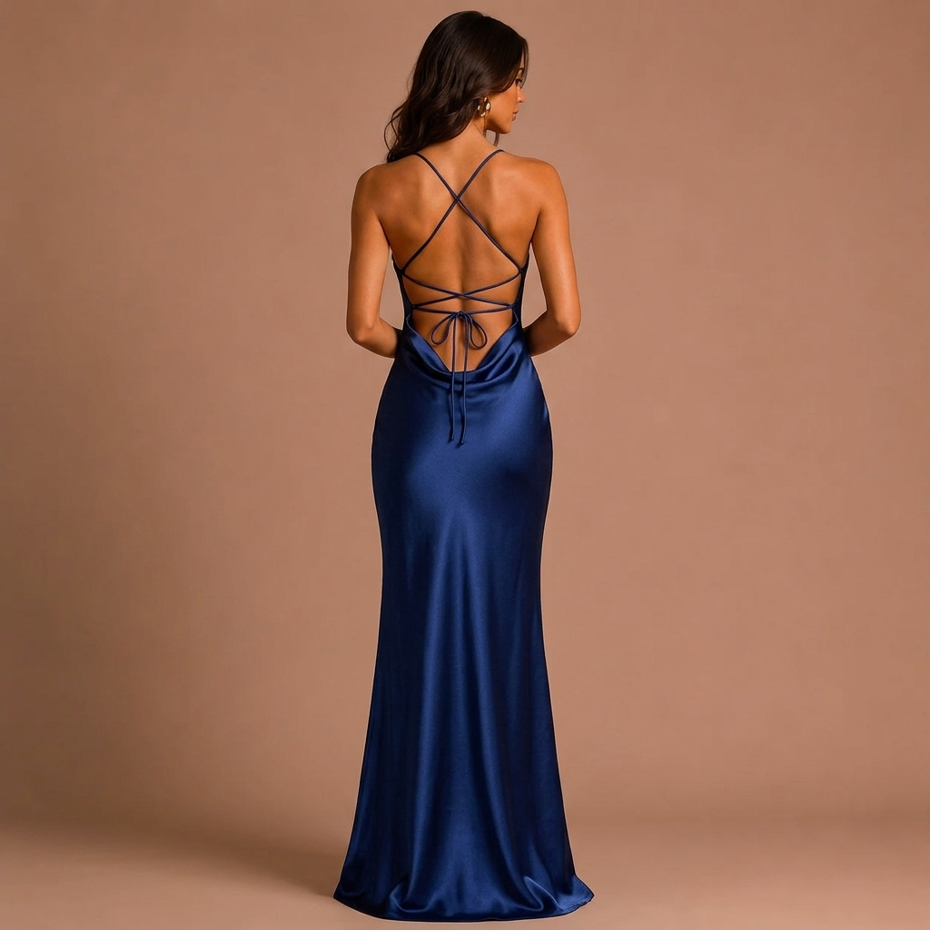 Elena - Satin Dress in Midnight Blue