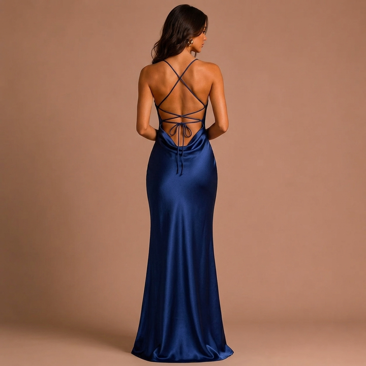 Elena - Satin Dress in Midnight Blue