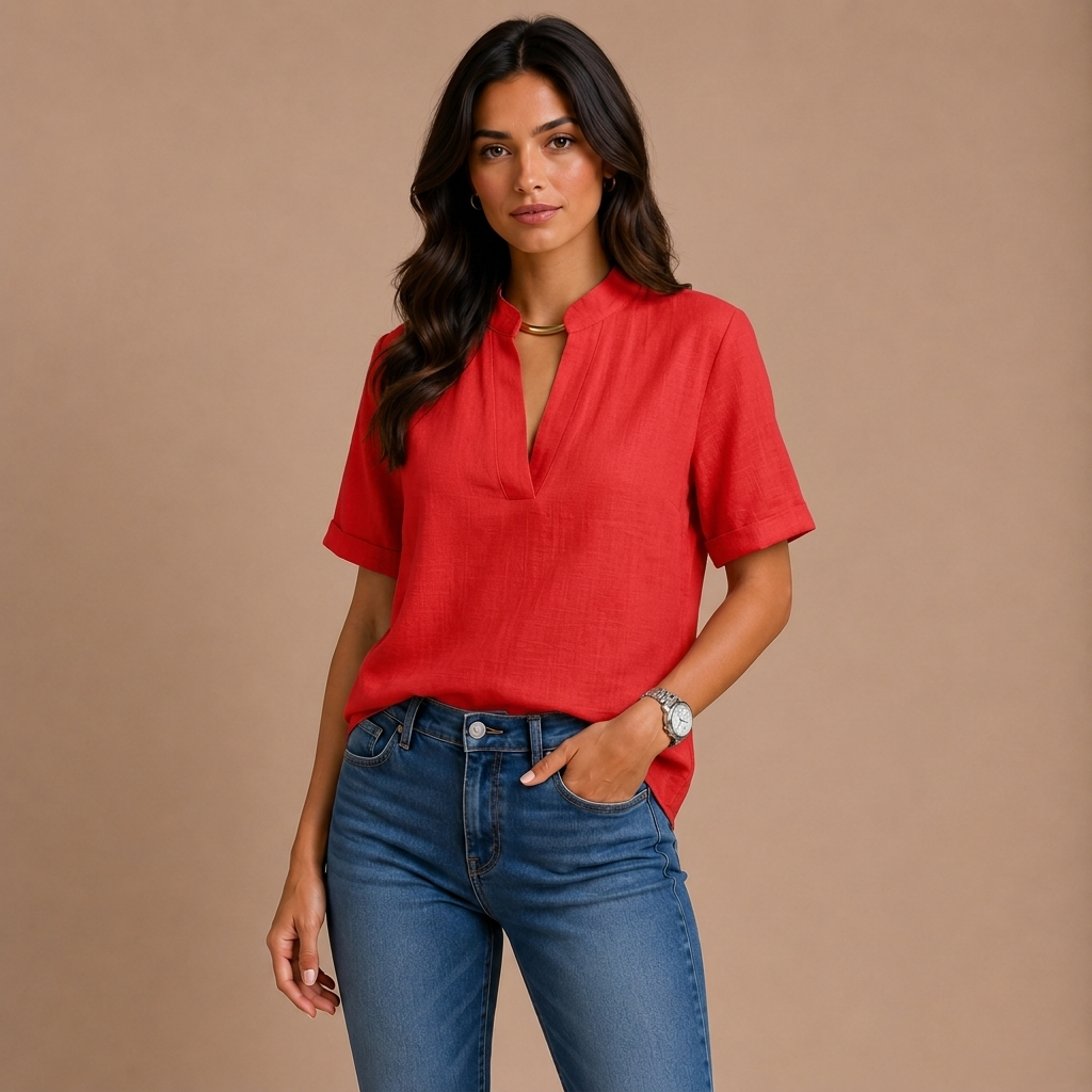 Margot | Short-Sleeved V-Neck Blouse with Gold Details