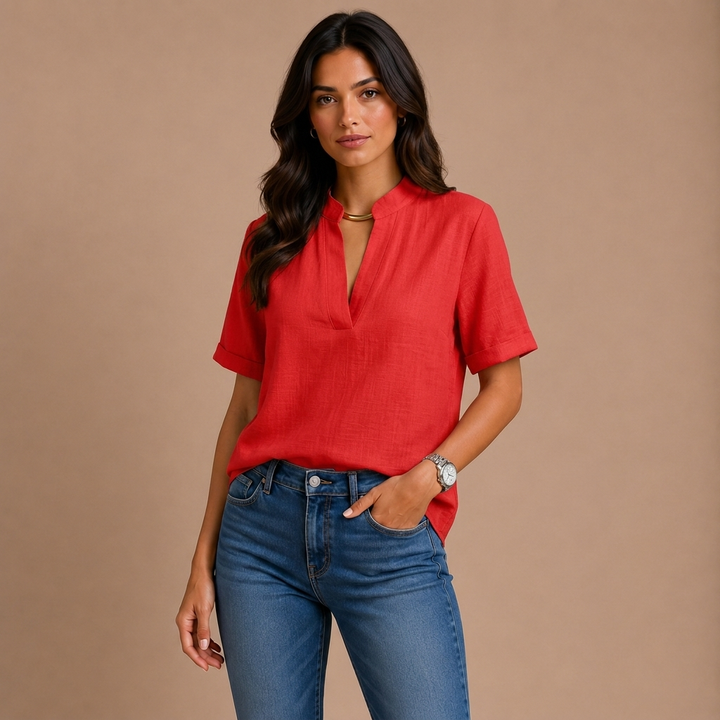 Margot | Short-Sleeved V-Neck Blouse with Gold Details