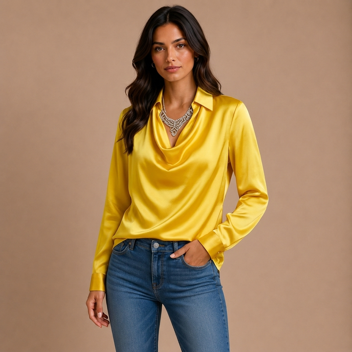 Elegant White Satin Blouse with Draped Neckline