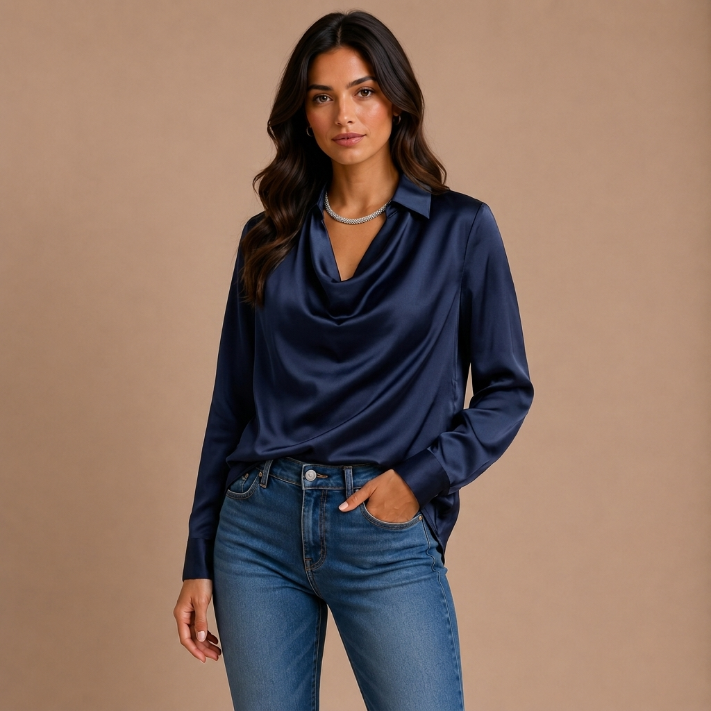 Elegant White Satin Blouse with Draped Neckline