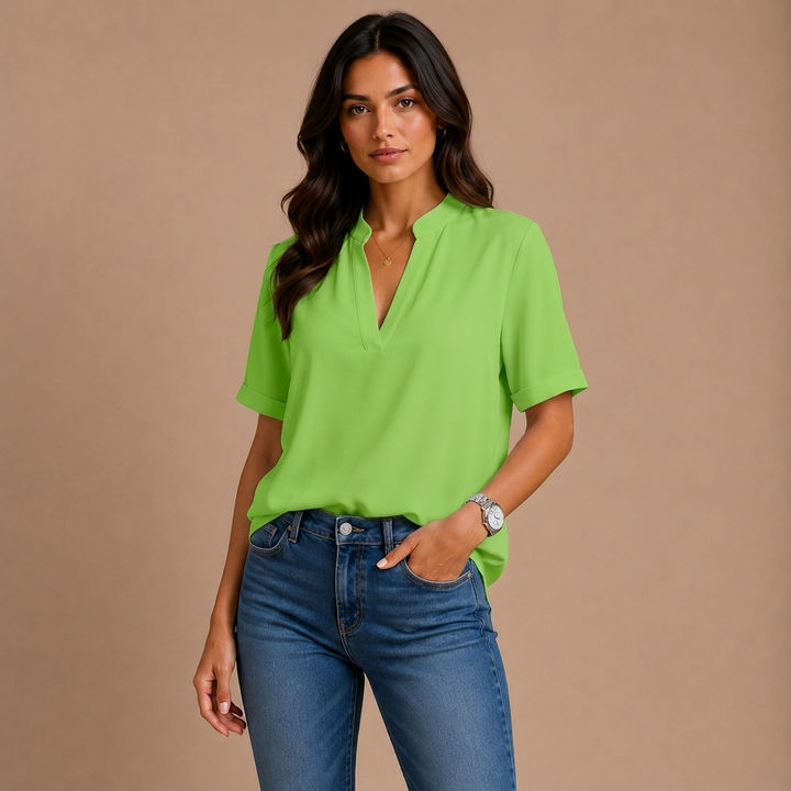 Margot | Short-Sleeved V-Neck Blouse with Gold Details