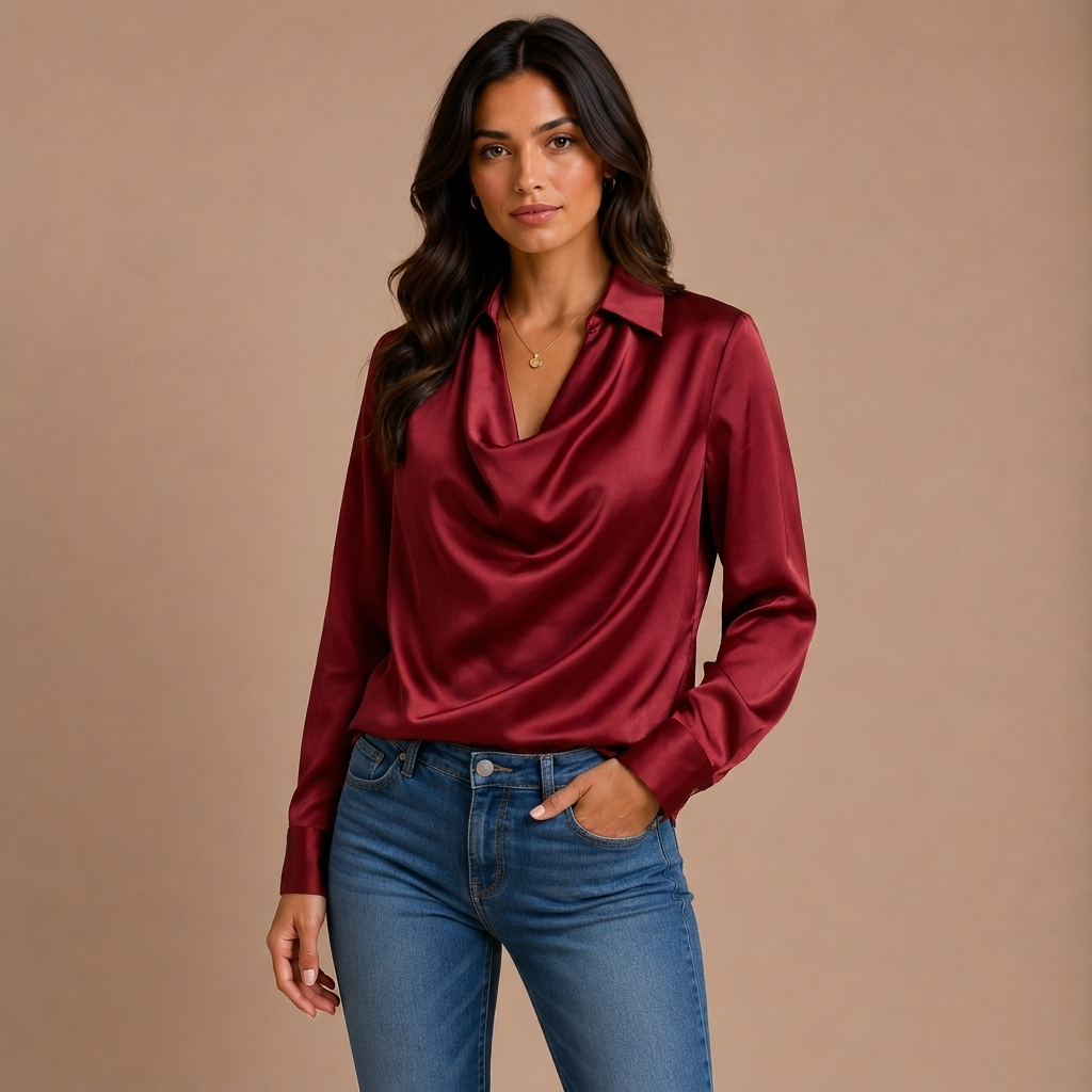 Elegant White Satin Blouse with Draped Neckline