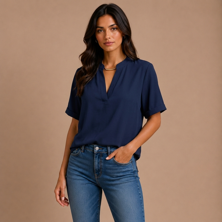 Margot | Short-Sleeved V-Neck Blouse with Gold Details