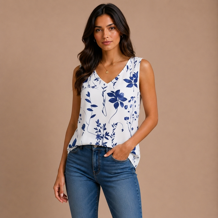 White Top with Blue Floral Patterns