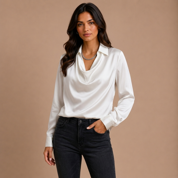 Elegant White Satin Blouse with Draped Neckline