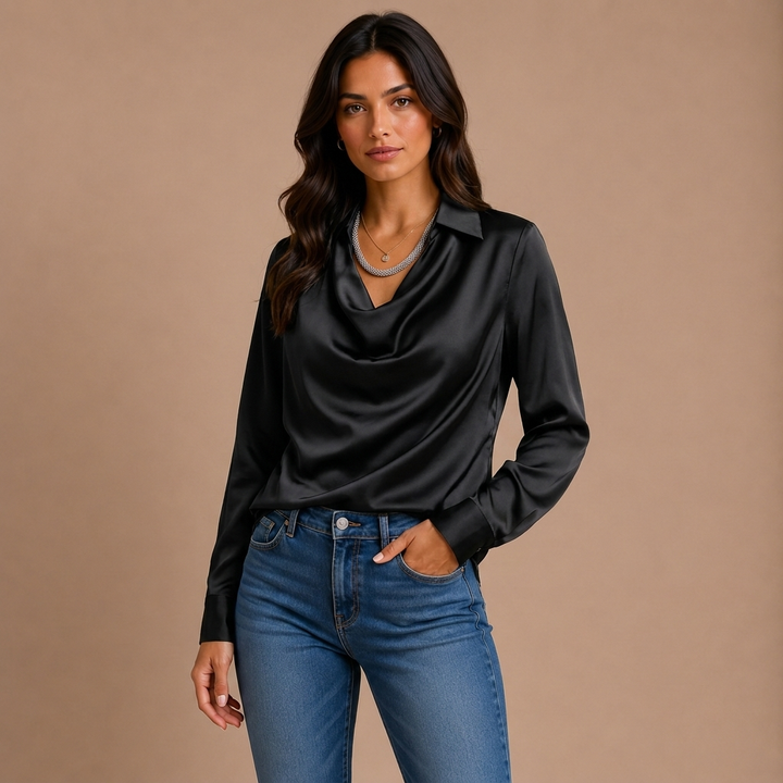 Elegant White Satin Blouse with Draped Neckline