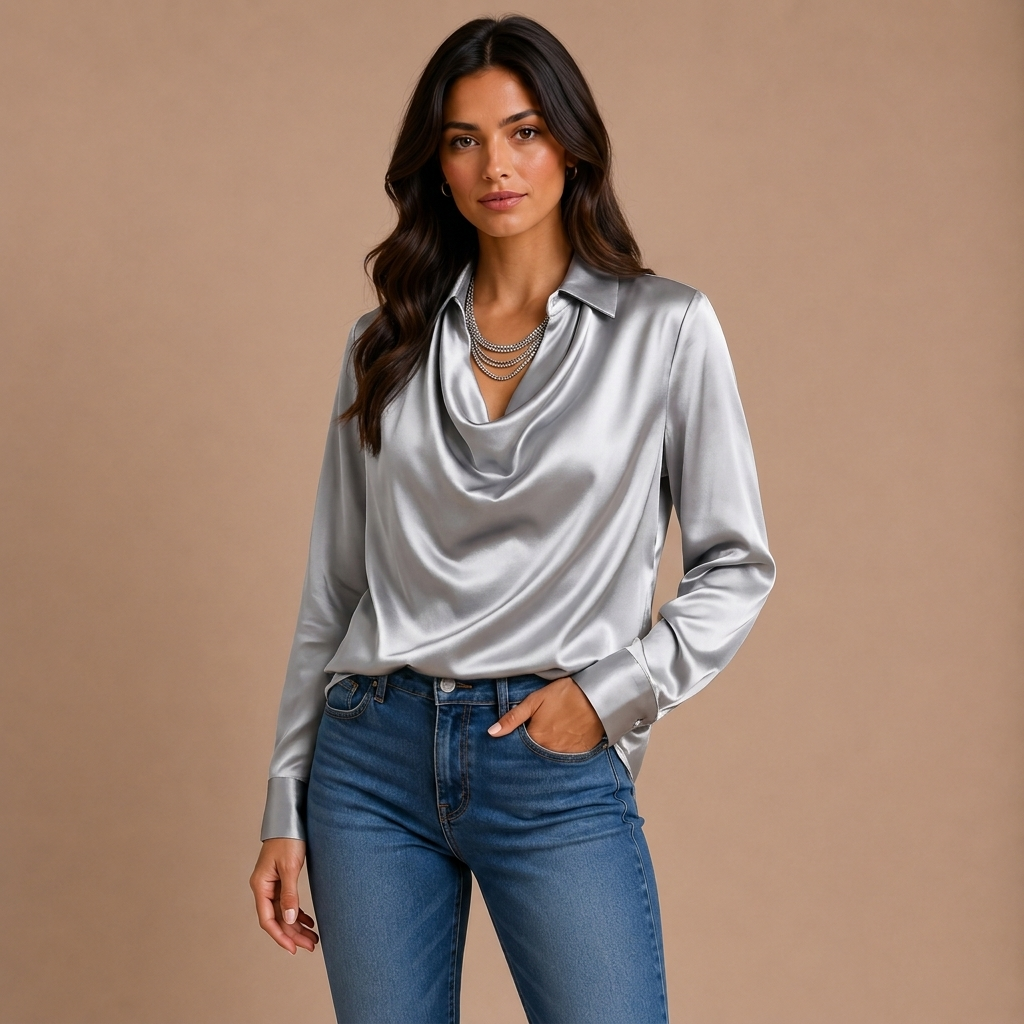 Elegant White Satin Blouse with Draped Neckline