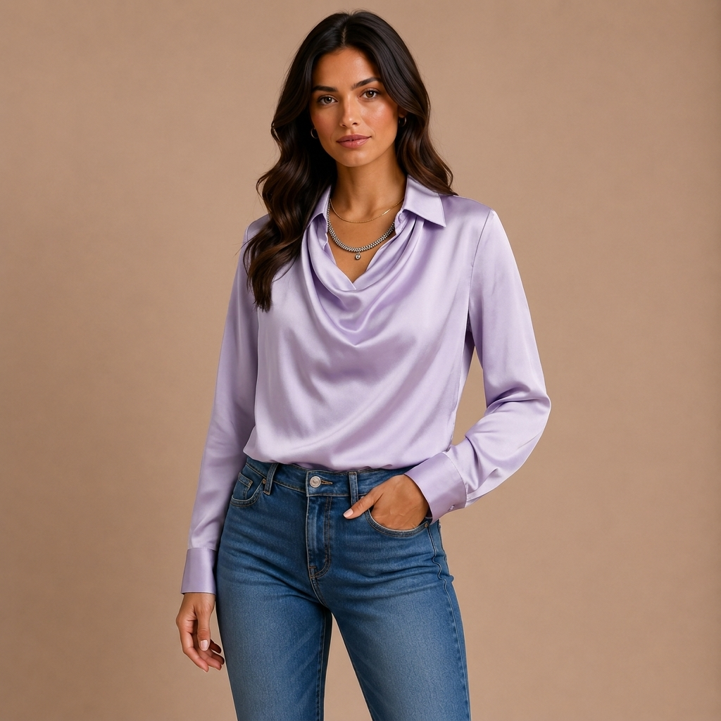 Elegant White Satin Blouse with Draped Neckline