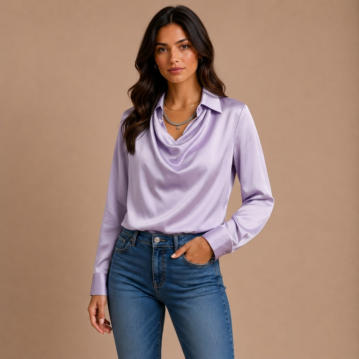 Elegant White Satin Blouse with Draped Neckline