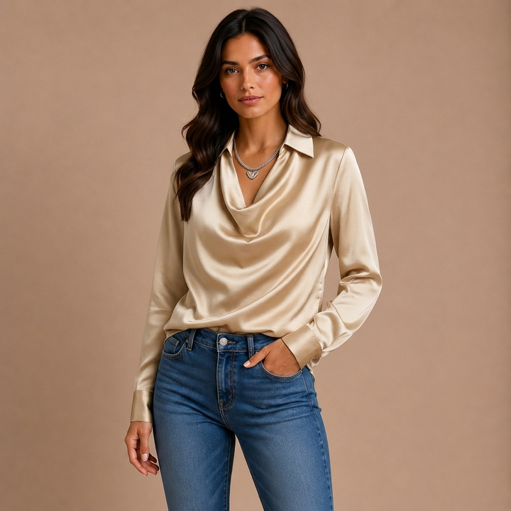 Elegant White Satin Blouse with Draped Neckline
