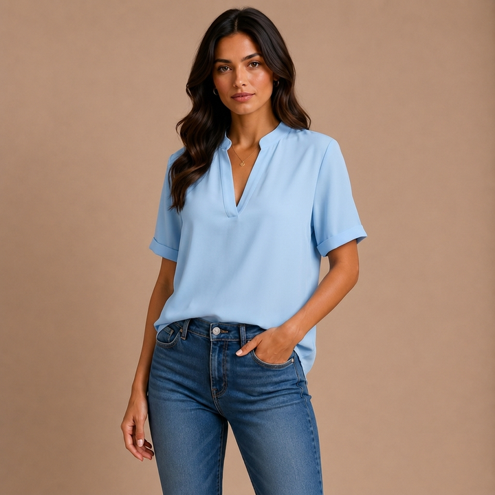 Margot | Short-Sleeved V-Neck Blouse with Gold Details