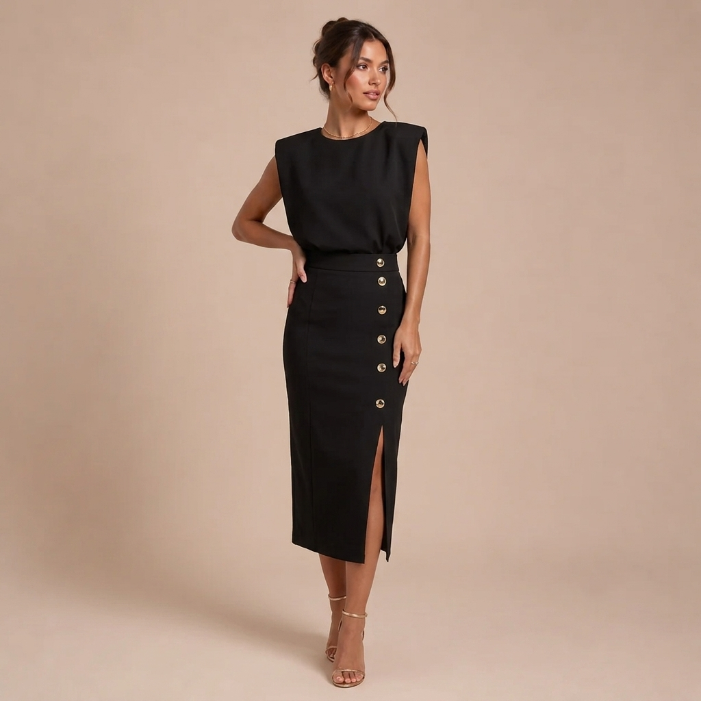 Midi Sleeveless Dress with Decorative Buttons