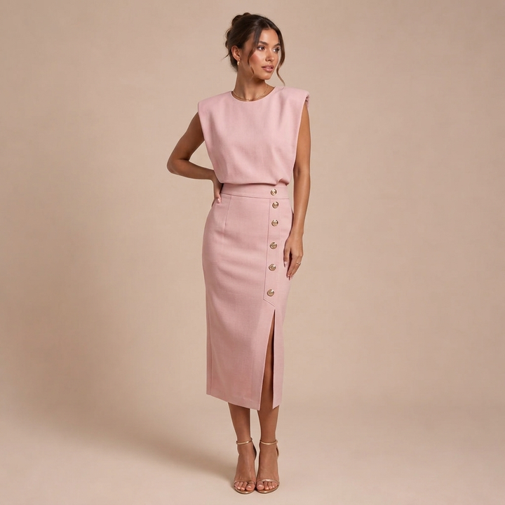 Midi Sleeveless Dress with Decorative Buttons