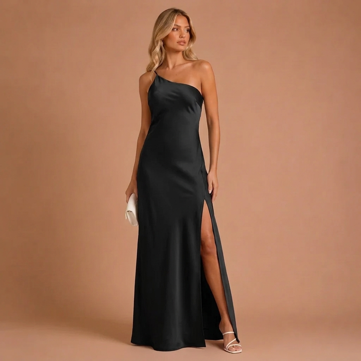 Maxi Satin Dress with One Shoulder and Side Split