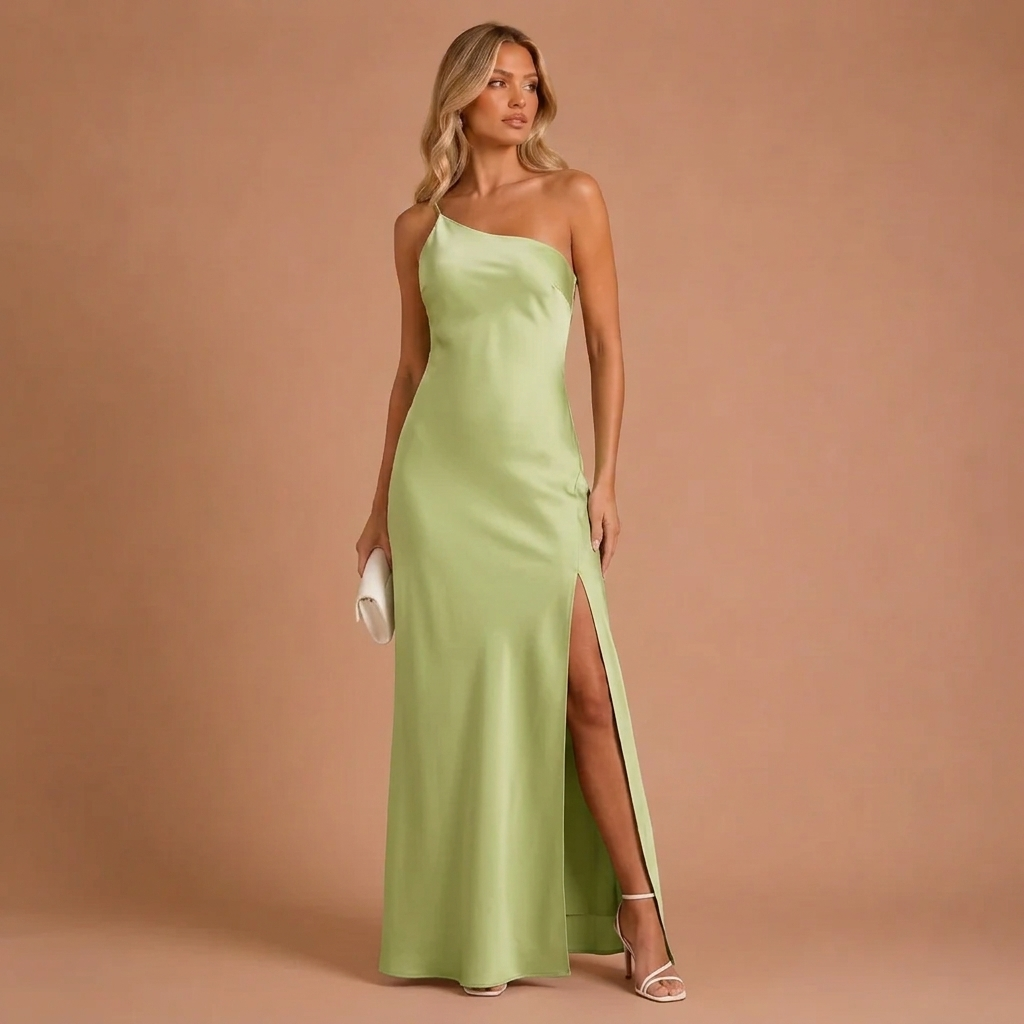 Maxi Satin Dress with One Shoulder and Side Split