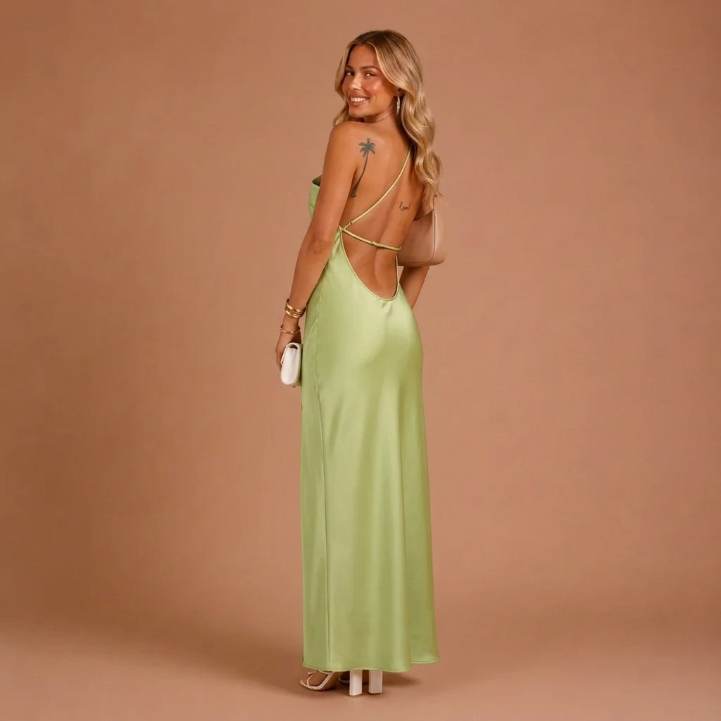 Maxi Satin Dress with One Shoulder and Side Split