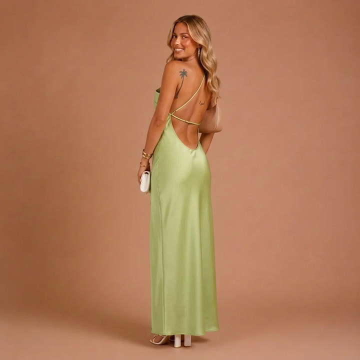 Maxi Satin Dress with One Shoulder and Side Split