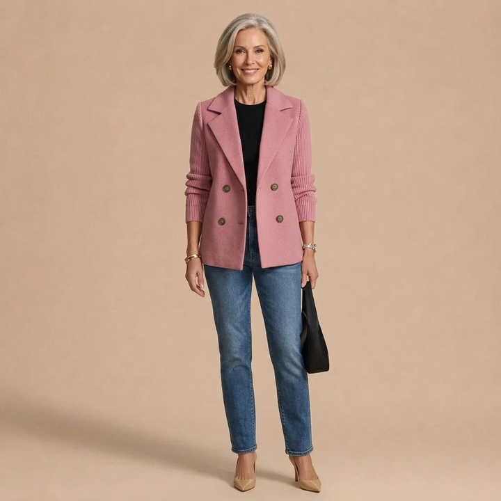 Ivy Double-Breasted Knit-Sleeve Blazer Coat