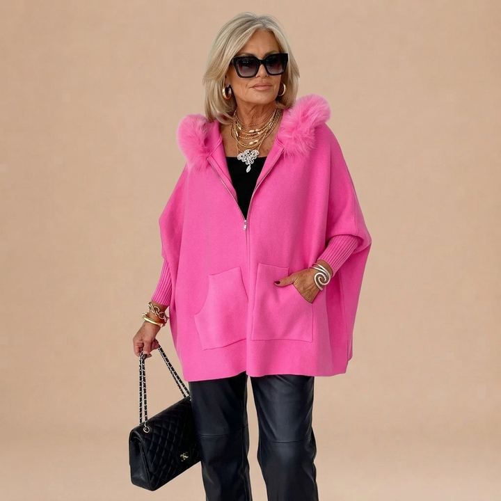 Luna Faux Fur Hood Zip-Up Cape Jacket